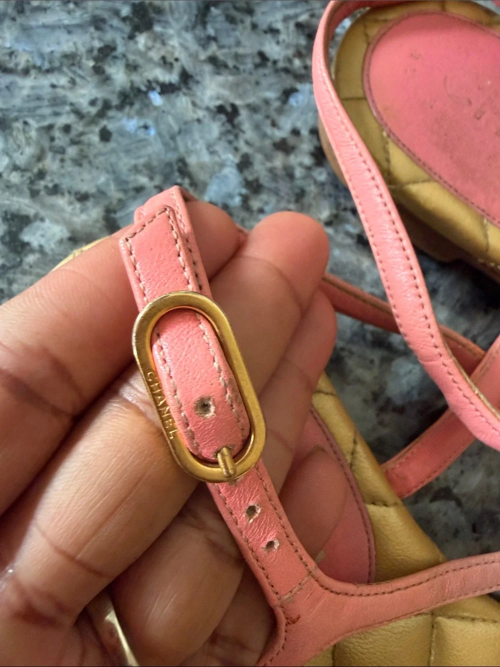 CHANEL Pink and Gold Quilted T-Strap Sandals